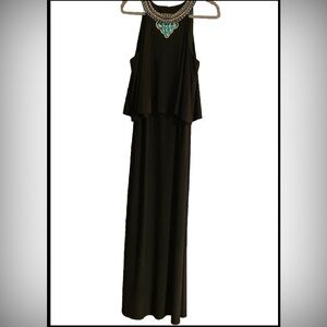 Jessica Howard  Black Floor Length Sheath Dress Boho Jewel Neck Line Size 14